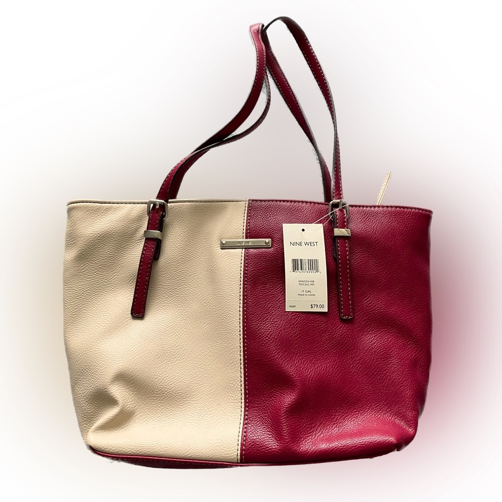 SOLD NWT Nine West red/tan strappy leathery purse w/pockets & adjustable straps.